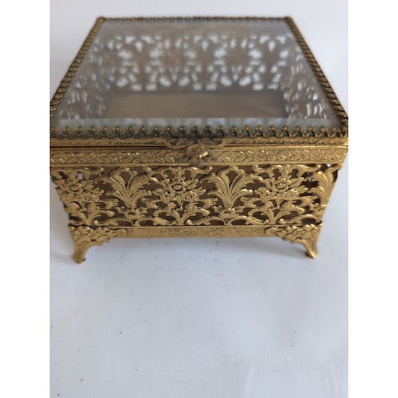 Vtg Jewelry Box Casket Beveled Glass Hollywood Regency Filigree Ormolu - Picture 5 of 7
